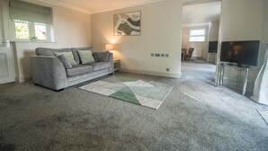 Un salon avec un canapé gris, un tapis vert et blanc, un téléviseur à écran plat et un tableau accroché au mur.