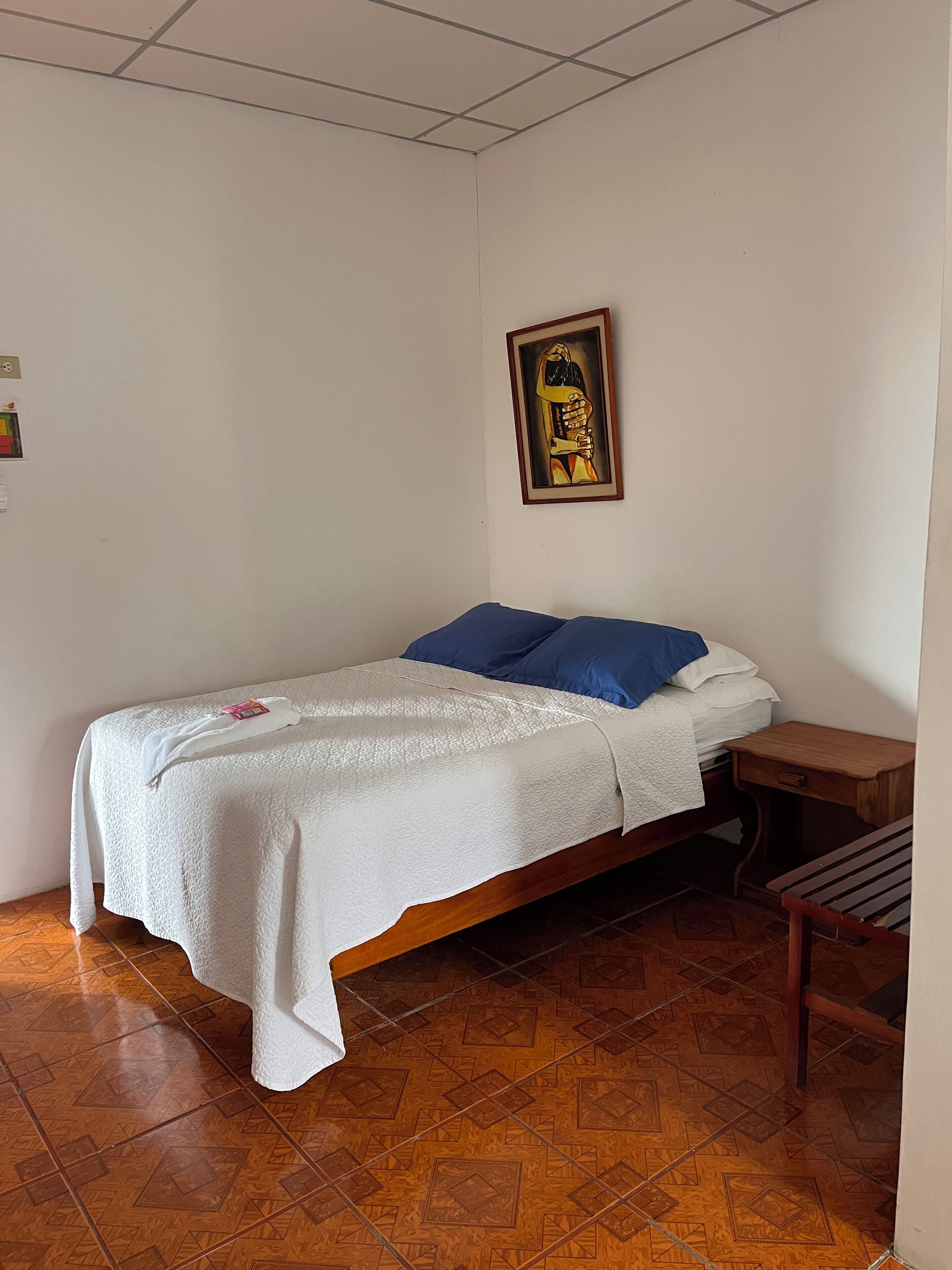 A single bed with a white quilt, blue pillows, and a wooden nightstand.