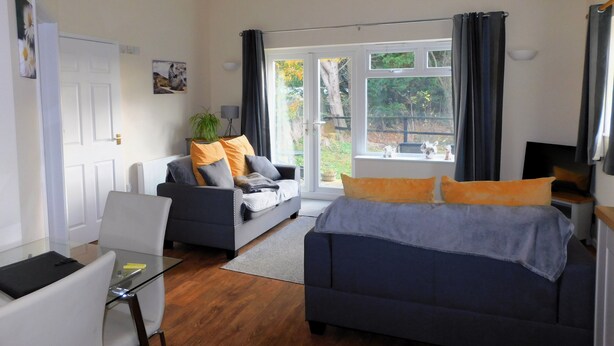 A modern living room with a sofa, a glass coffee table, a bed, and a sliding glass door leading to a garden. - The Paddocks -  a bungalow situated in a rural village surrounded by fields and horses (Frettenham)