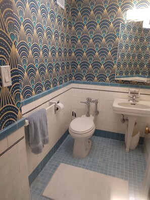 Combined shower/tub, hair dryer, towels