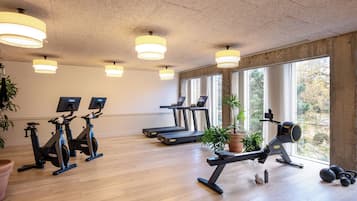 Un gimnasio con equipo de ejercicio, ventanas amplias e iluminación en el techo.