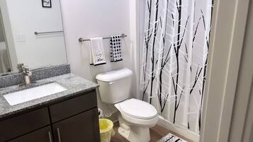 Tina, toallas, jabón, papel de baño