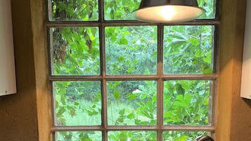 Una cocina con ventana, un lavamanos y una lámpara colgante.