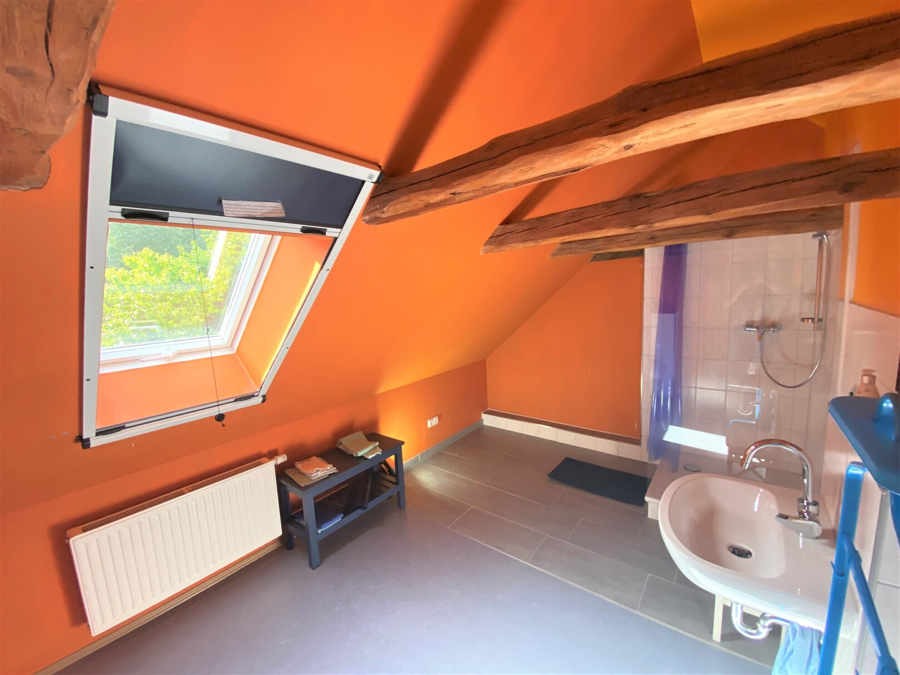 A small, bright room with orange walls, a skylight, a radiator, a sink, and a shower.