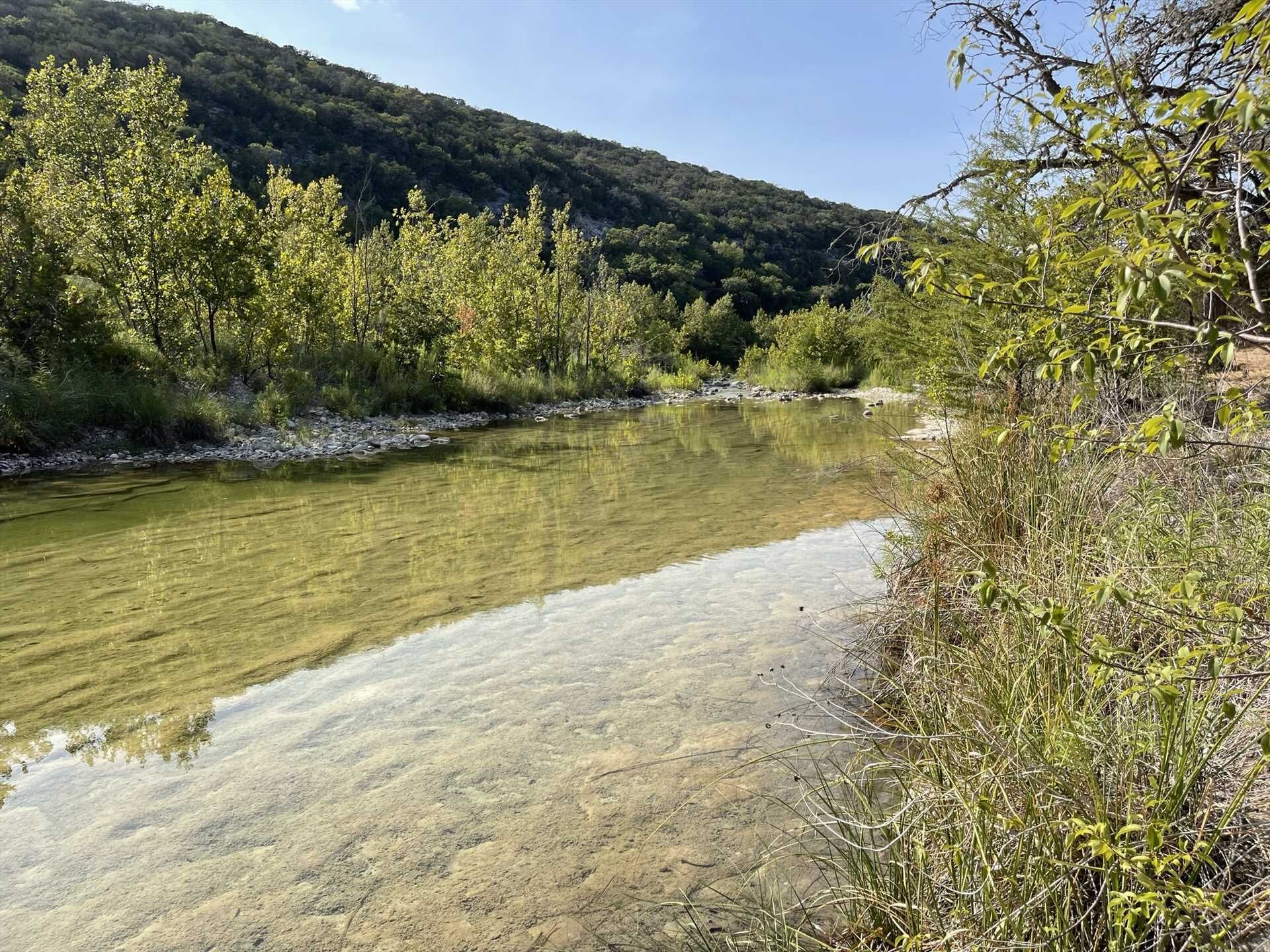 A tranquil, clear-water creek flows gently through a sunlit landscape, bordered by lush green trees and a grassy bank under a bright blue sky.