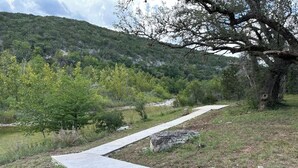 Un sendero de concreto serpentea por un paisaje natural con árboles y una colina al fondo.