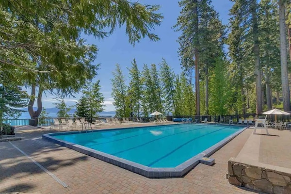 25-yard lap pool with a sun shelf for the kids, steps above the lake