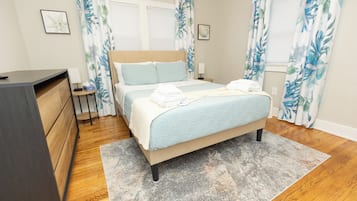 2 bedrooms, memory-foam beds, desk, iron/ironing board