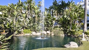 A tranquil garden with a central water fountain, surrounded by lush tropical plants and a small pond.