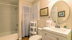 Hair dryer, towels, soap, toilet paper