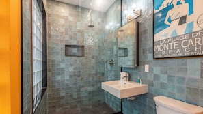 Hair dryer, towels, soap, toilet paper