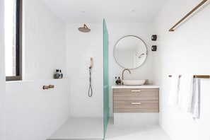 Shower, hair dryer, towels