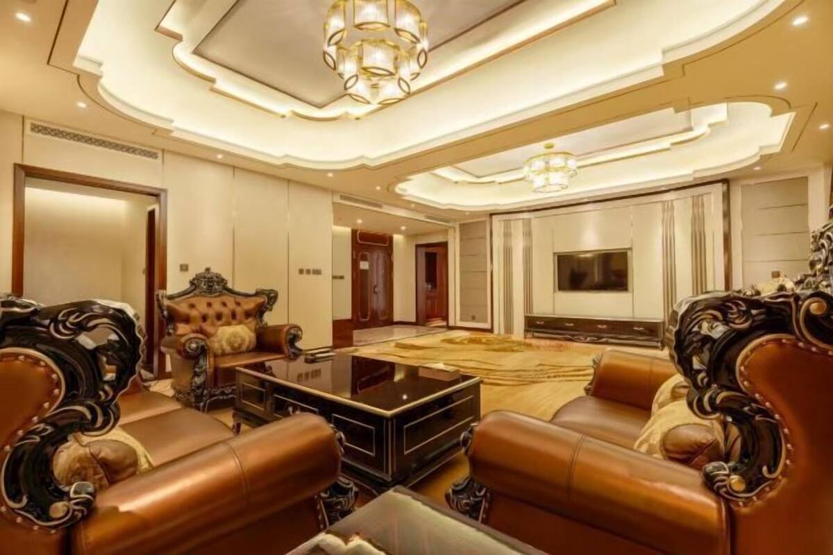A luxurious living room with ornate furniture, a large flat-screen TV, and a modern chandelier.