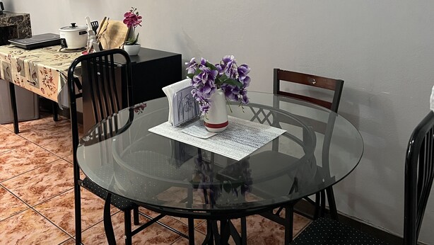 A dining area with a round glass table, black chairs, a vase with purple flowers, and two wall-mounted shelves with small potted plants. - Relax in downtown Alajuela / 5min near the Airport (Alajuela)