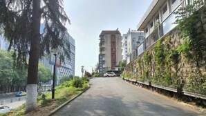 Una calle urbana estrecha con aceras arboladas, un coche aparcado y un edificio con un cartel.