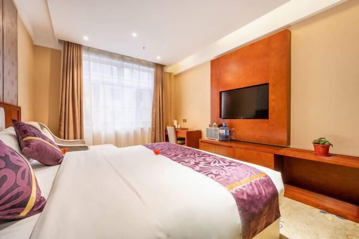 Een hotelkamer met een groot bed, een flatscreen televisie aan de muur, een bureau met stoel, en een kleine bloempot met plant.