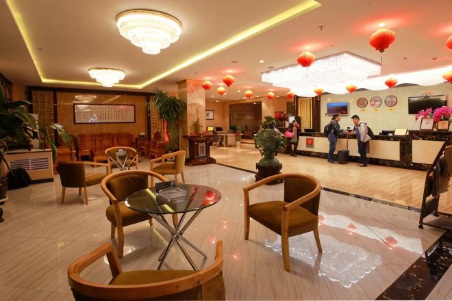 A hotel lobby with a reception desk, seating area, and a large plant.