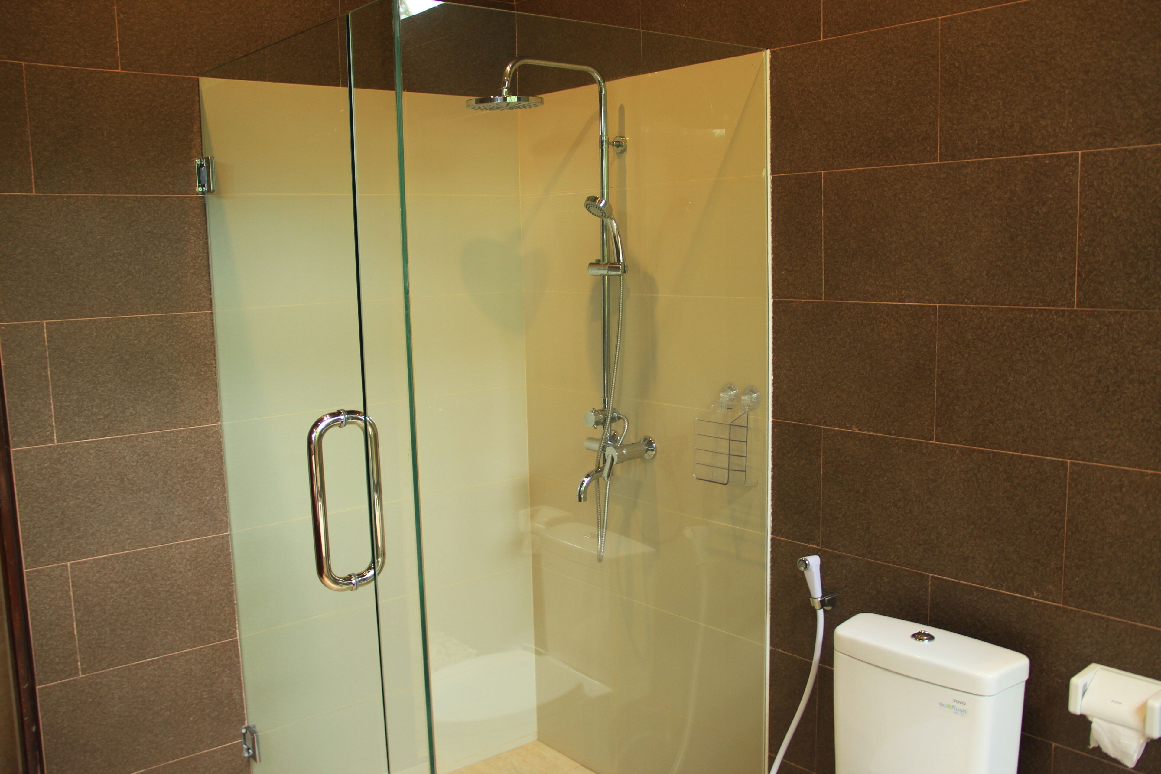 A glass-enclosed shower stall with a handheld showerhead and a wall-mounted faucet.
