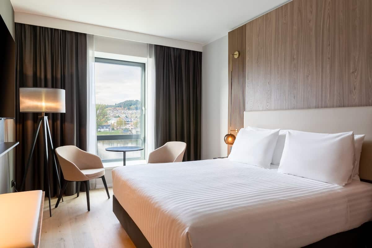 Habitación de hotel con una cama grande, dos sillas, un escritorio, una lámpara y vistas a un paisaje urbano a través de una ventana.