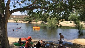Eine Gruppe von Menschen entspannt sich an einem See, manche am Sand und andere im Wasser.