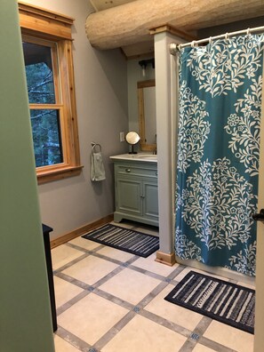 Combined shower/bathtub, hair dryer, toilet paper