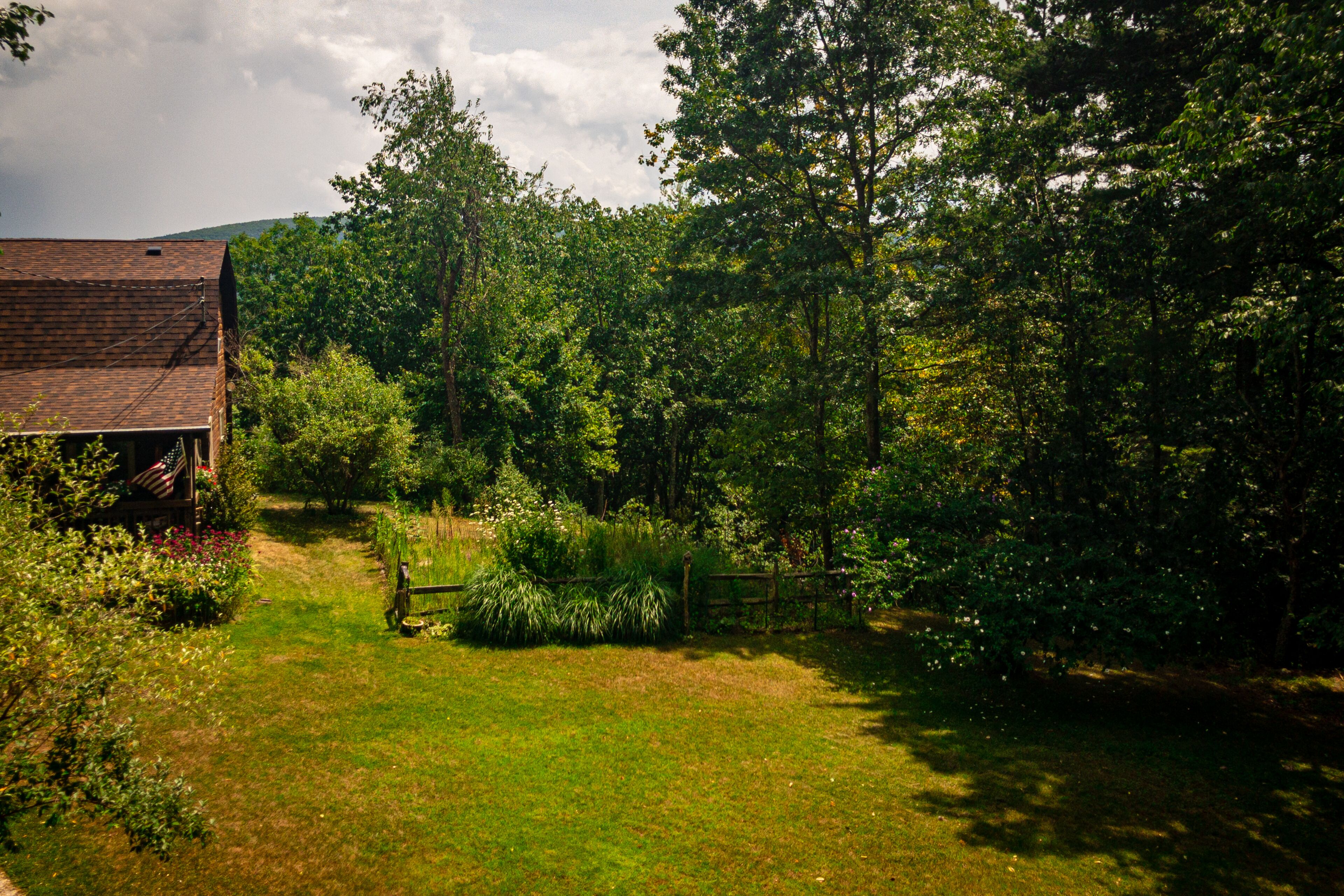 A rustic barn with a grassy yard and dense trees.