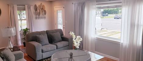 Smart TV, fireplace, books, stereo