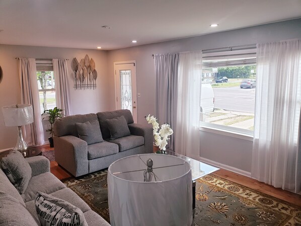 Smart-tv, eldstad, böcker och en stereo