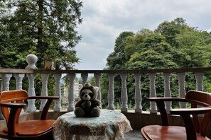 A balcony with a table and two chairs, a teddy bear on the table, and a view of trees. - Wenfeng Villa (Ya'an)