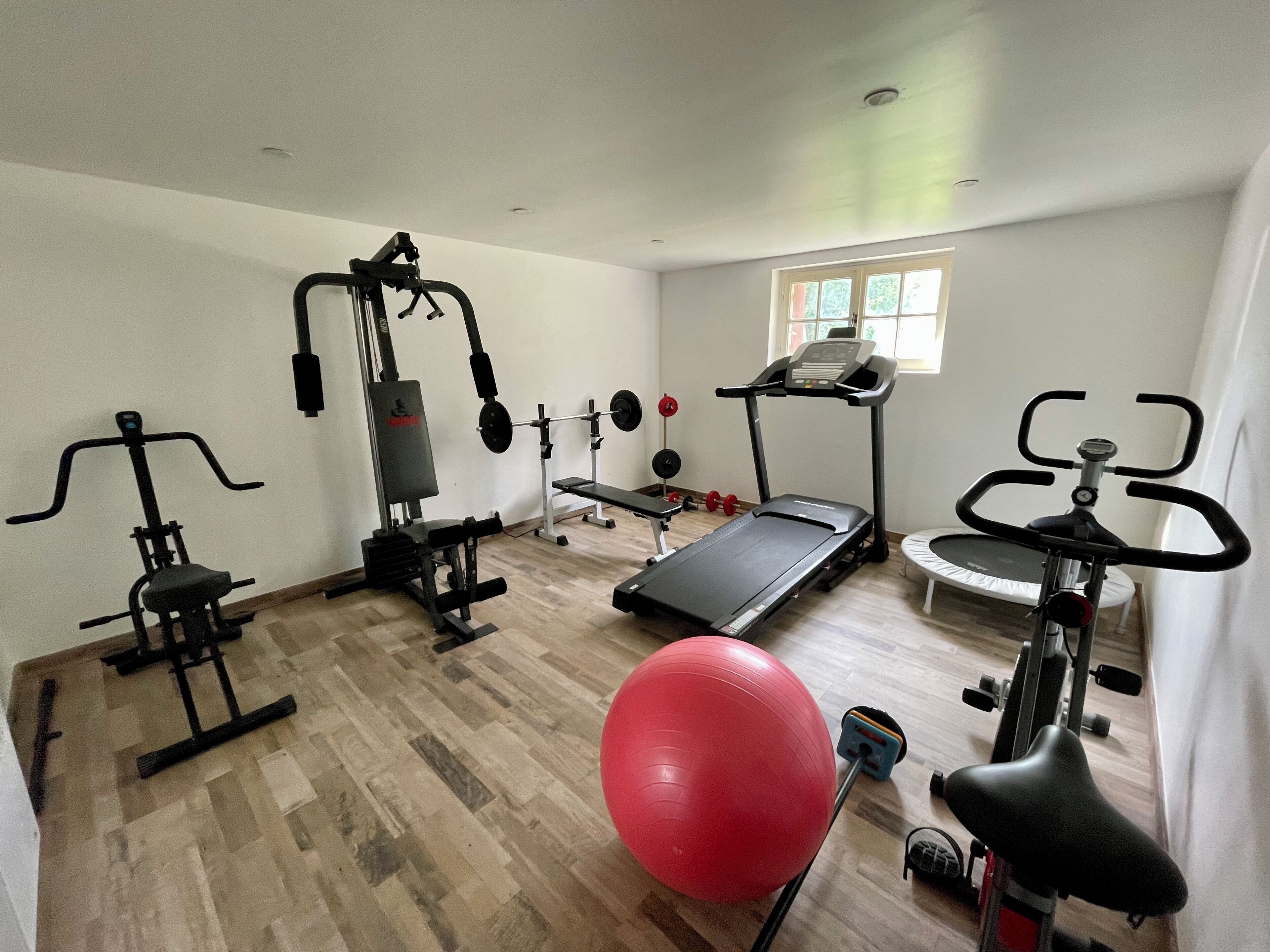 Un gimnasio en casa con cinta de correr, bicicleta estática y varios pesas.