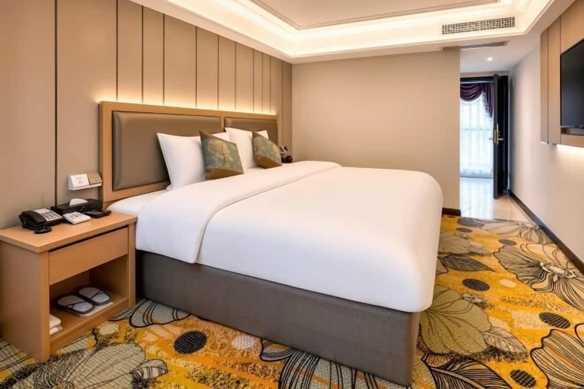 Una habitació d'hotel amb un llit gran, una tauleta de nit amb un telèfon i una catifa estampada.
