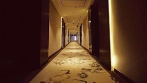 Ein langer, schmaler Hotelgang mit Teppichboden und einer Decke mit eingelassenen Leuchten.