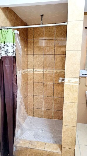 Ducha, secador de pelo, toallas y jabón