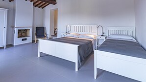 A bedroom with two beds, a television, and a fireplace.