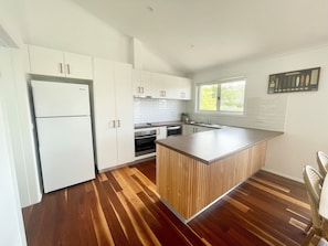 Full-sized fridge, microwave, oven, electric kettle