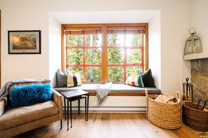 Smart TV, fireplace, books, stereo