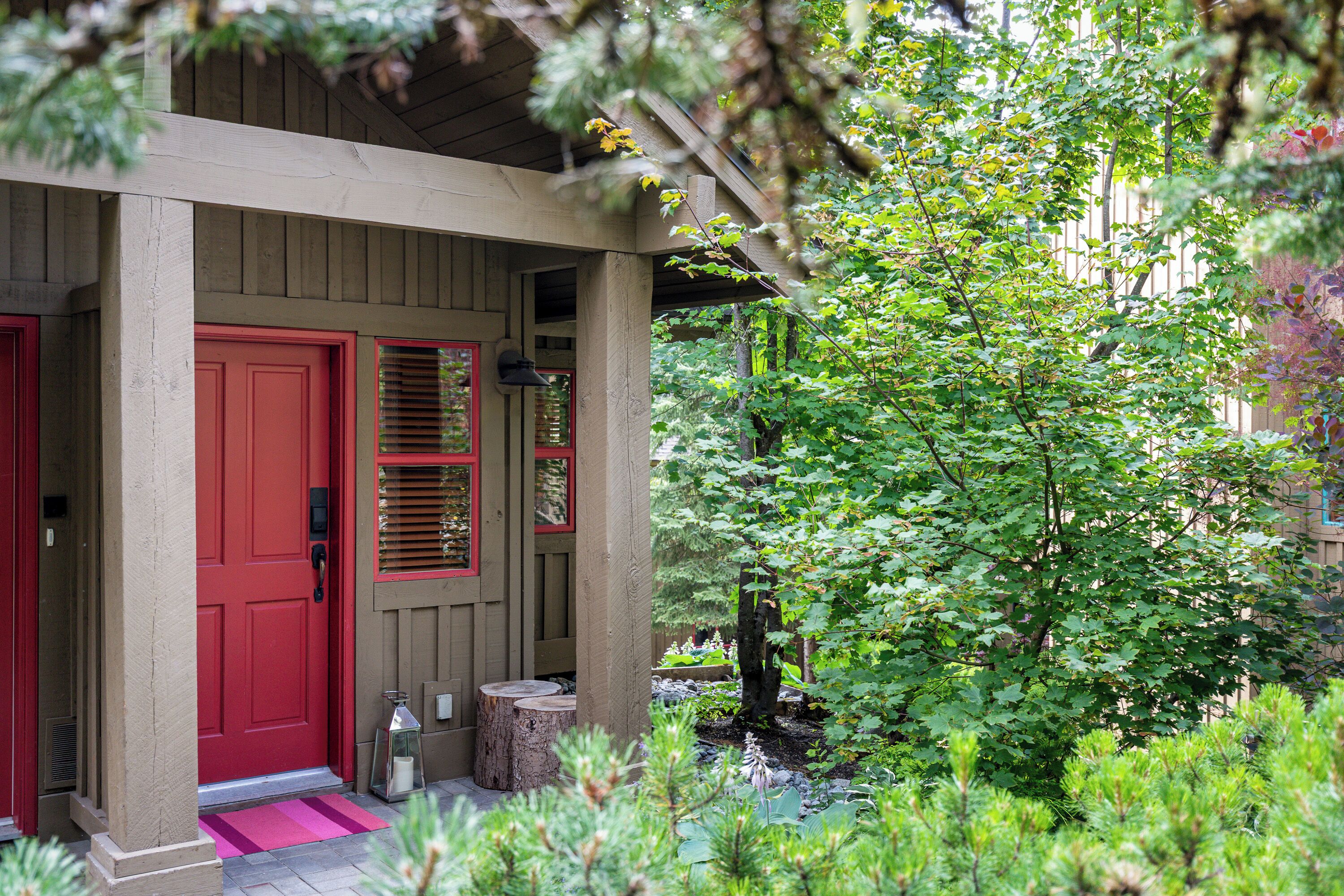 Une véranda en bois avec une porte rouge et des volets, entourée d’une végétation luxuriante et d’arbres.