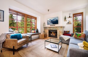 Smart TV, fireplace, books, stereo