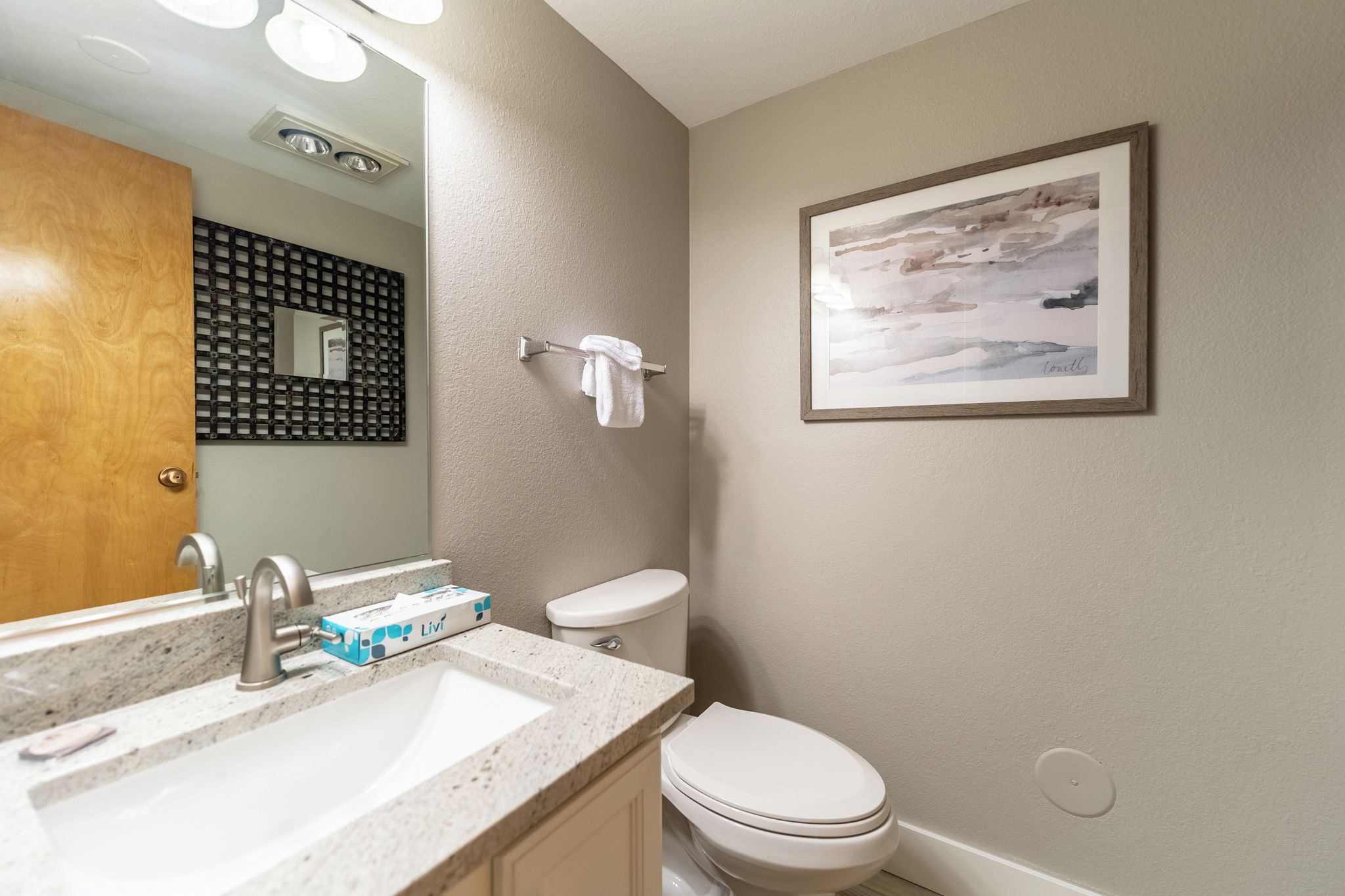 A bathroom with a sink, mirror, toilet, and a framed artwork on the wall.