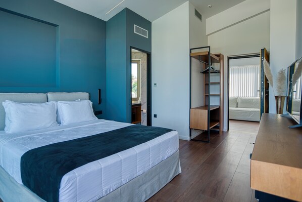 A modern bedroom with a large bed, a walk-in closet, and a view of the outdoors.