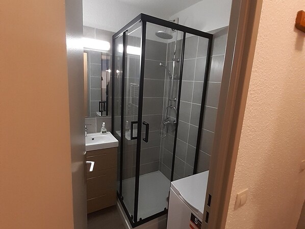 A modern bathroom with a glass-enclosed shower, a sink, and a mirror.