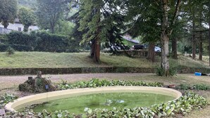 Ein Garten mit Teich, Bäumen und einer Steinmauer.