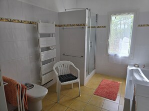 Bathtub, hair dryer, bidet, towels