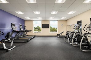 A gym with treadmills, elliptical machines, and stationary bikes arranged in rows.