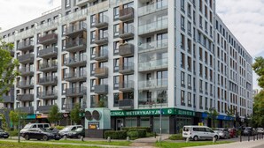 Un edificio de varios pisos con balcones, una clínica veterinaria y automóviles estacionados.