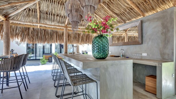 A modern bar area with a concrete countertop, metal bar stools, a green vase with flowers, and a thatched ceiling. - Belnem House Bonaire (Kralendijk)