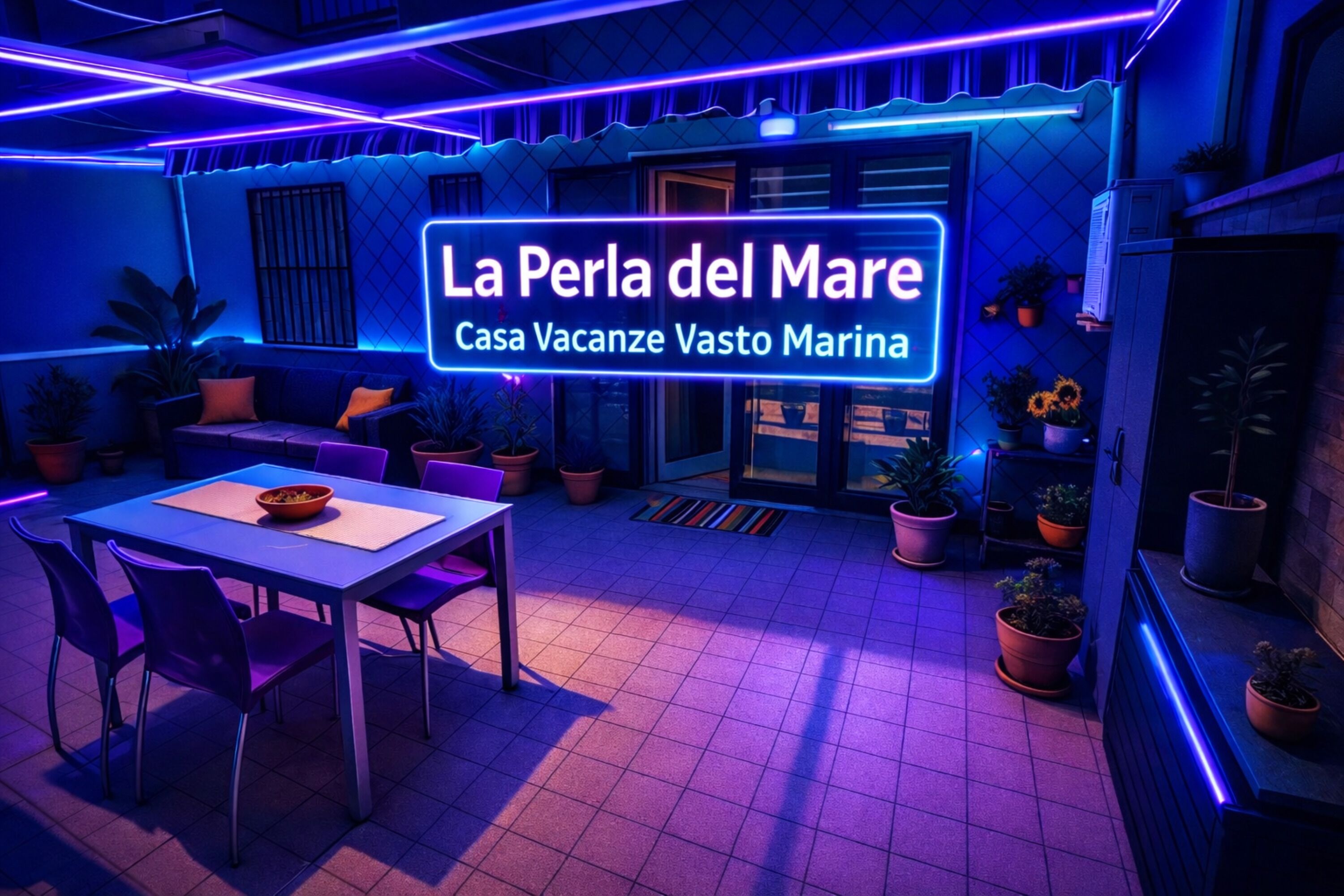 A modern outdoor patio with a neon sign, potted plants, and a dining area.
