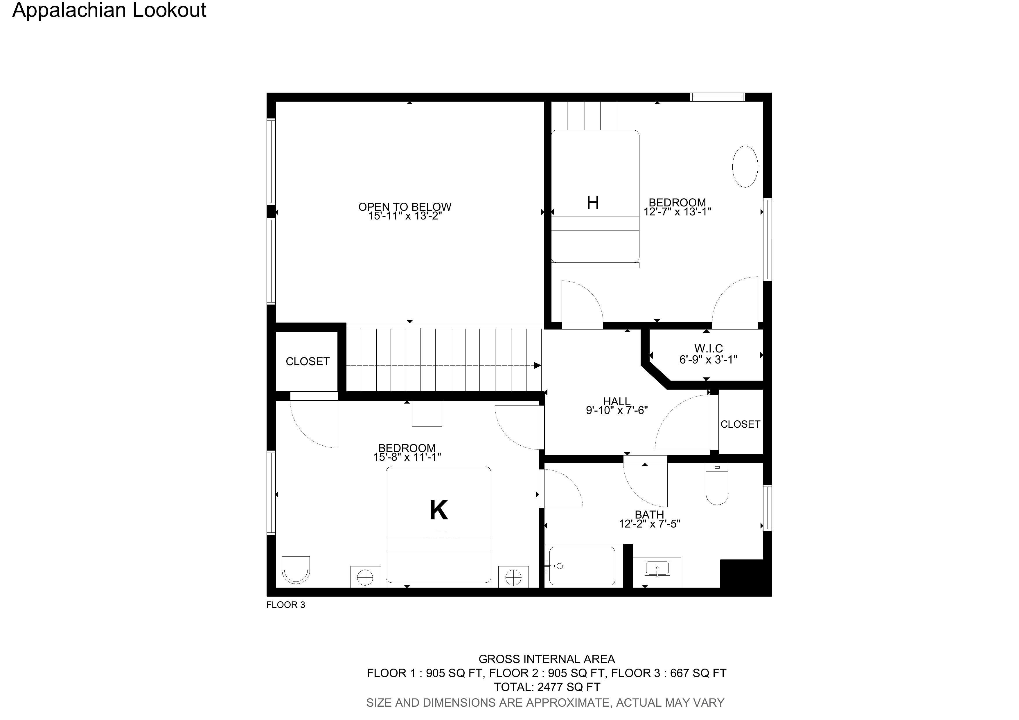 A floor plan of a hotel with three floors, including a bedroom, bathroom, closet, and hall.