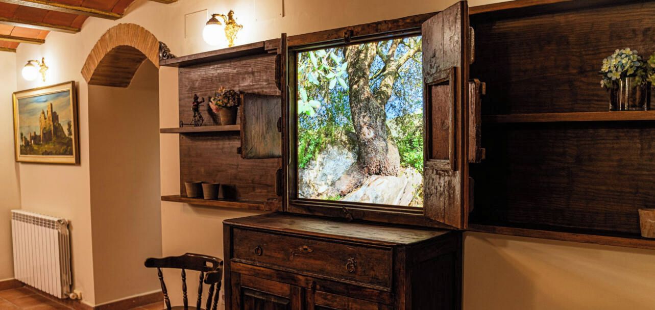 Una habitación rústica con un cuadro grande enmarco de un árbol, estanterías de madera, una silla y un radiador.