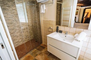 Shower, towels, toilet paper